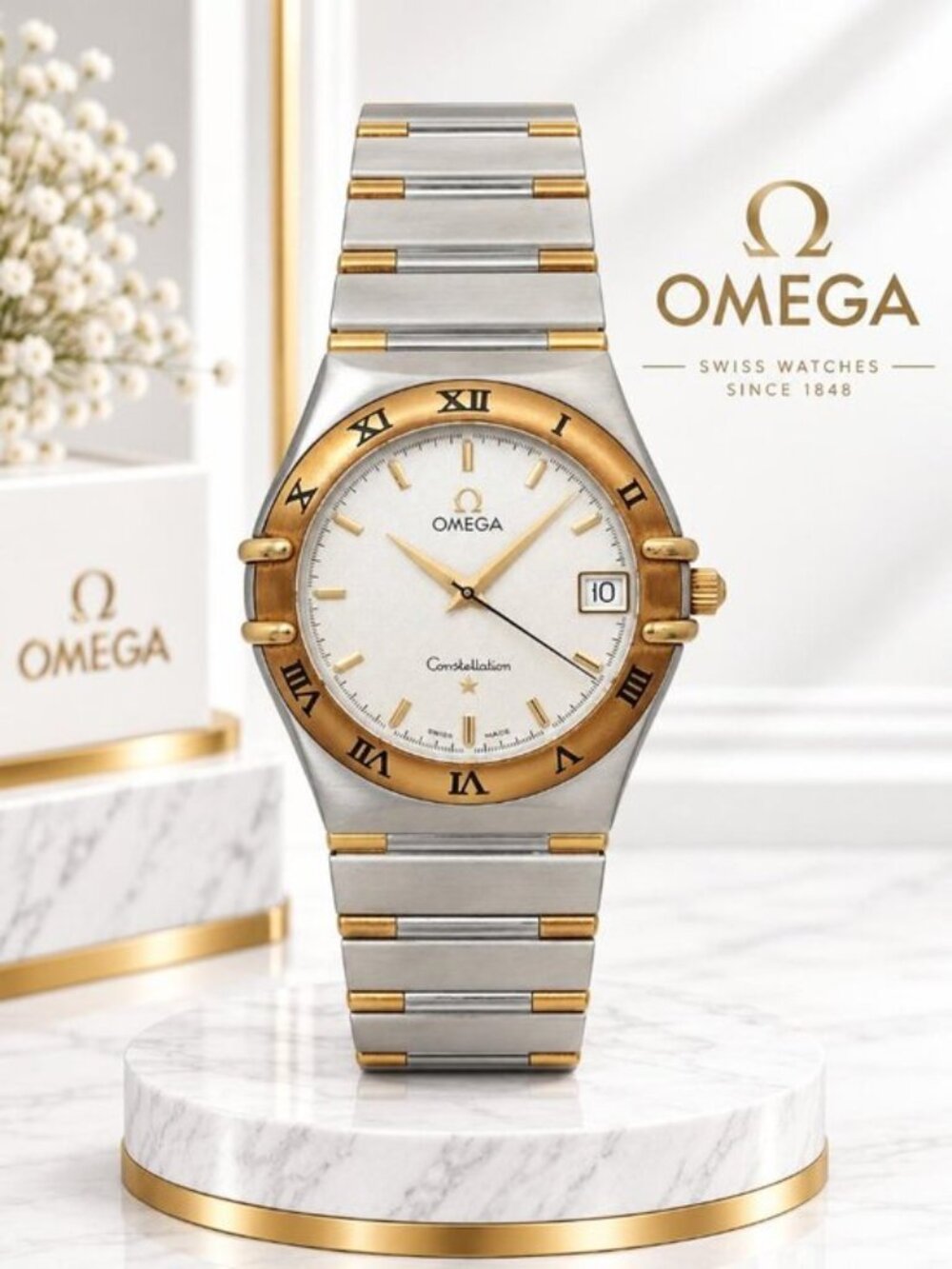 Authentic Omega Constellation Two Tone Roman Bezel Date Watch